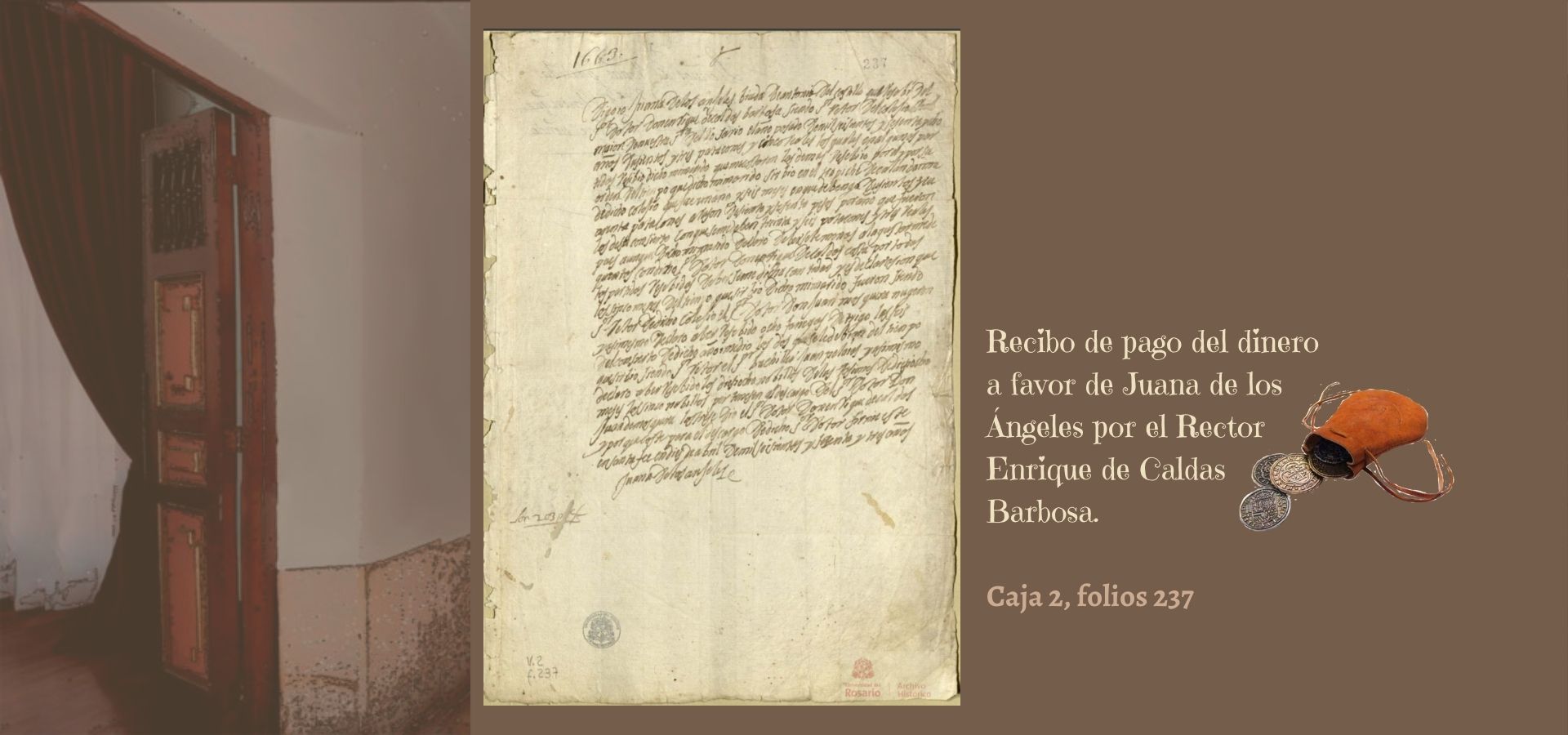 Recibo de pago del dinero a favor de Juana de los Ángeles por el Rector Enrique de Caldas Barbosa